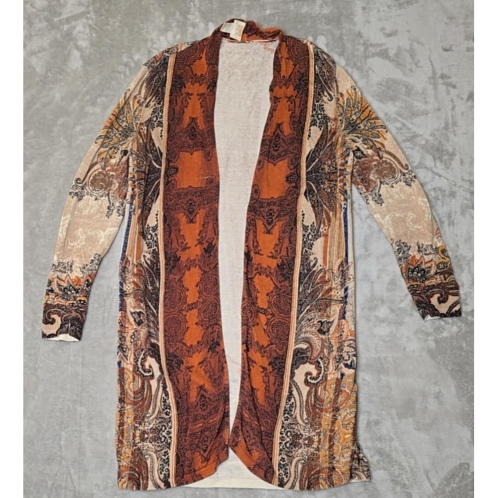 Chicos Cardigan Duster Womens 1 Open Kimono Bohemian Paisley Tapestry Ornate‎